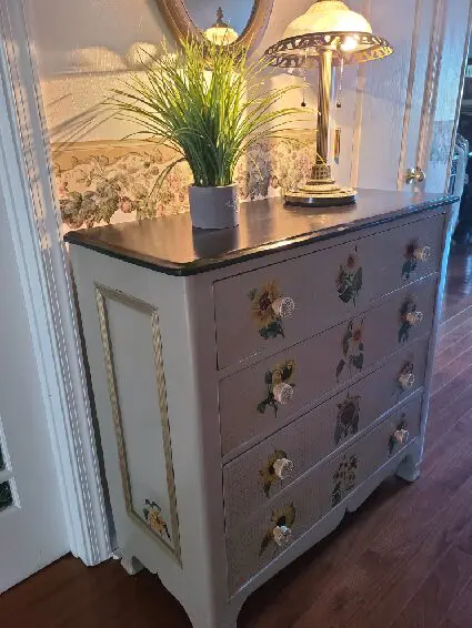 A dresser with some plants on top of it