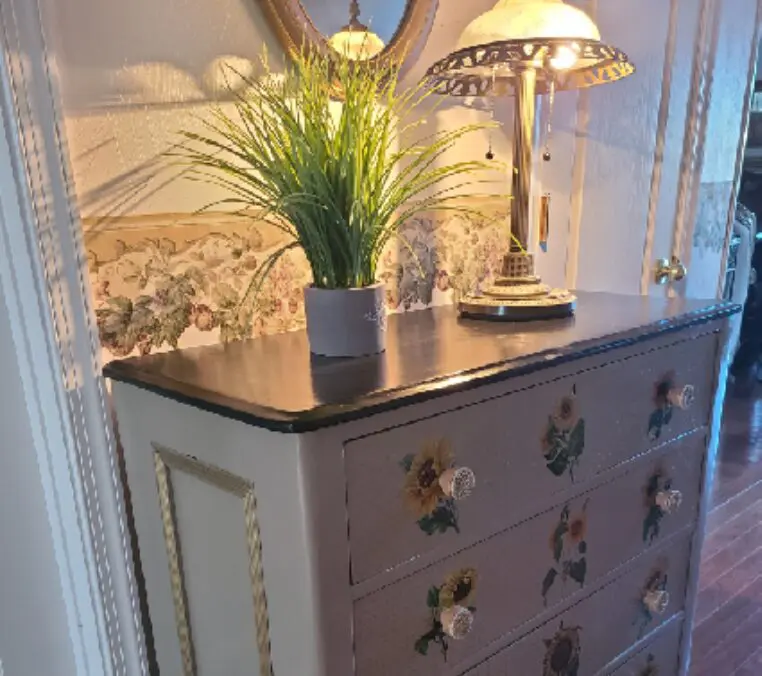 A dresser with a plant on top of it